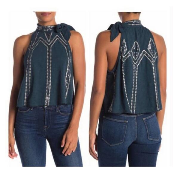 Free People Green Glitter City Tie Neck Tank Top - XS - Picture 1 of 5